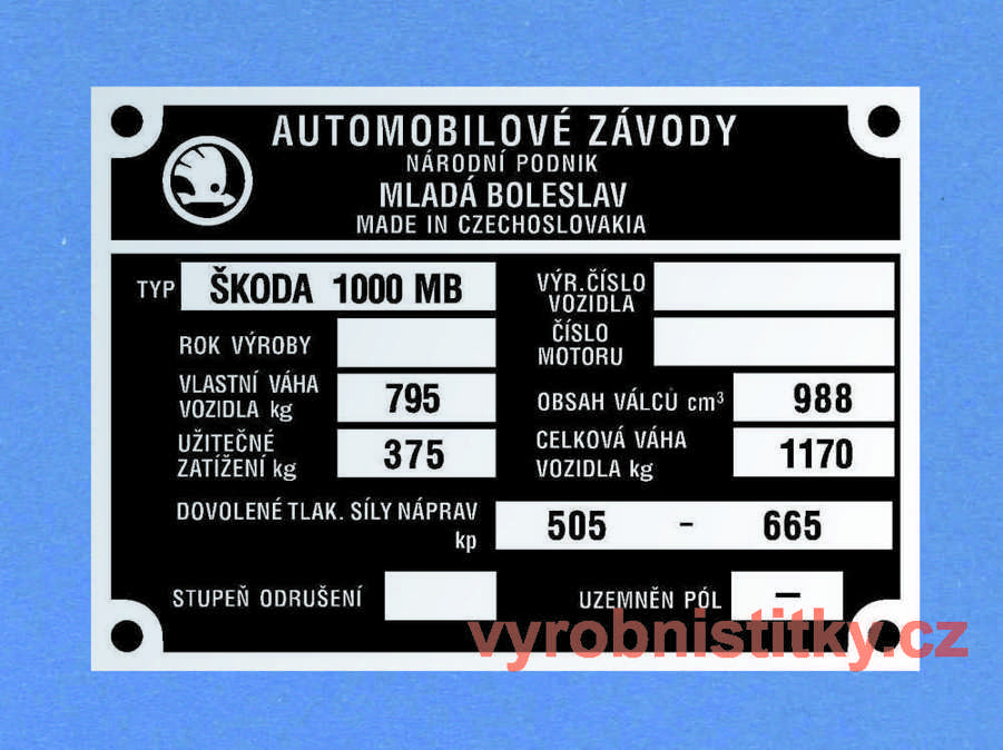 Výrobní štítek ŠKODA 1000 MB váha 795_tlaky 505-685
