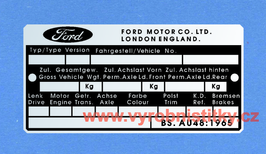 Výrobní štítek FORD MOTOR CO. LTD LONDON ENGLAND