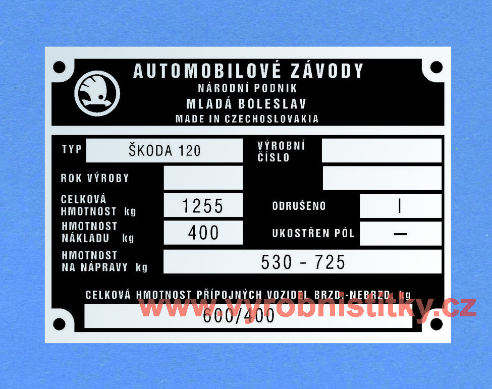 Výrobní štítek Škoda 120 celk hmotn 1255