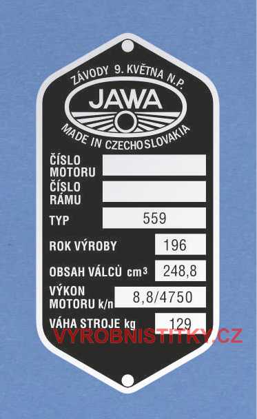 Výrobní štítek JAWA-ČZ 559 Závody 9.května typ 559, váha 129