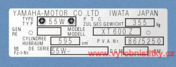 Výrobní štítek YAMAHA 600