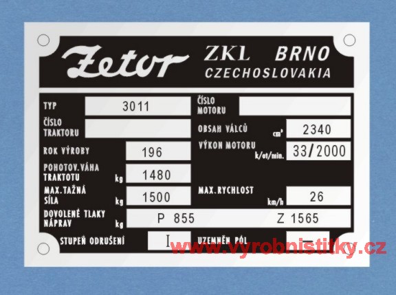 Výrobní štítek Zetor 3011 poh. váha 1480