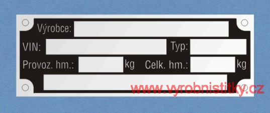 Výrobní štítek pro přívěsný vozík za osobní vozidlo