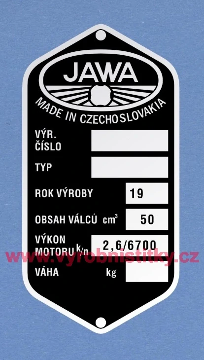 Výrobní štítek JAWA 20 bez čísla výkon 2,6 k