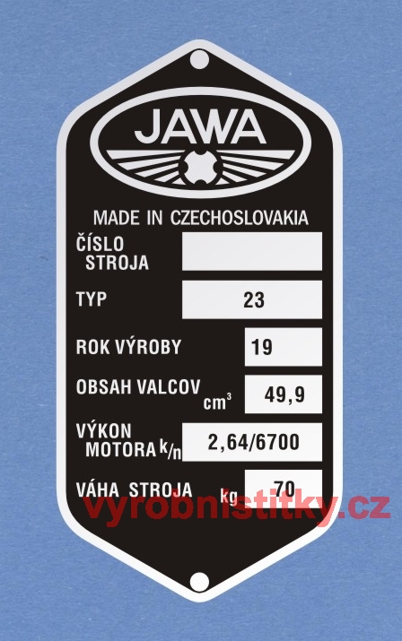 Výrobní štítek JAWA 23 rv 19 obsah 49,9_výk. 2,64