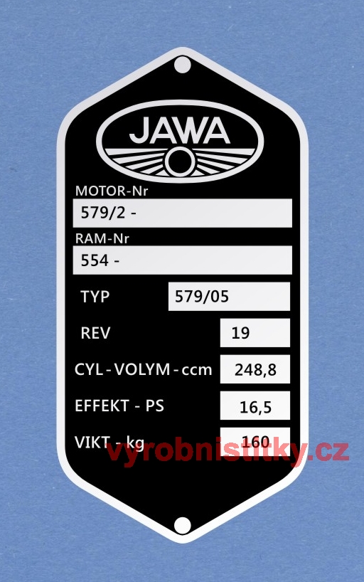Výrobní štítek JAWA - švéd, RAM 554, typ 05