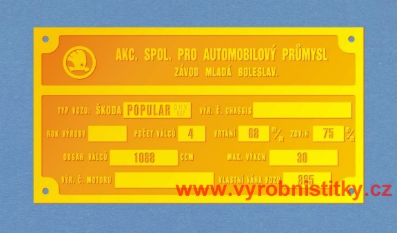 Výrobní štítek Škoda POPULAR OHV 927