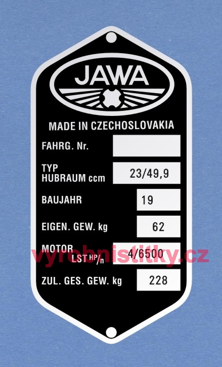 Výrobní štítek JAWA 23 německý rv 19 obsah 49,9