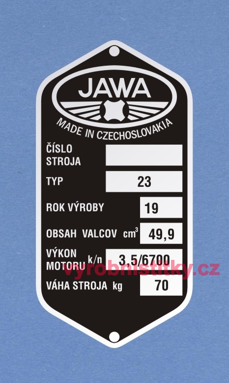 Výrobní štítek JAWA 23 váha 70