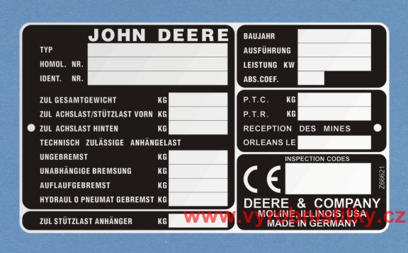 Výrobní štítek JOHN DEERE
