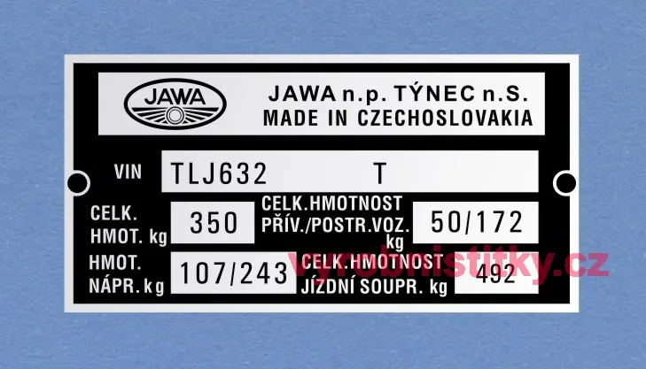 Výrobní štítek JAWA 350 TLJ632 hm 350