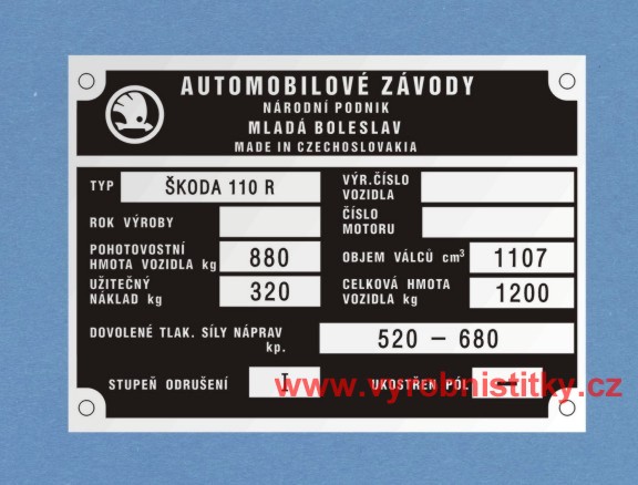 Výrobní štítek Škoda 110 R tlaky 520-680