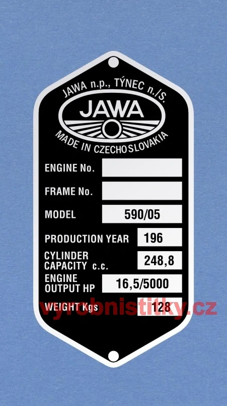 Výrobní štítek JAWA Californian 250 typ 590 anglie engine