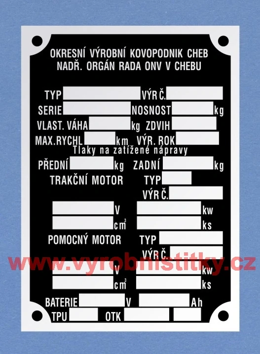 Výrobní štítek KOVOPODNIK CHEB