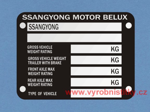 Výrobní štítek SSANGYONG MOTOR BELUX