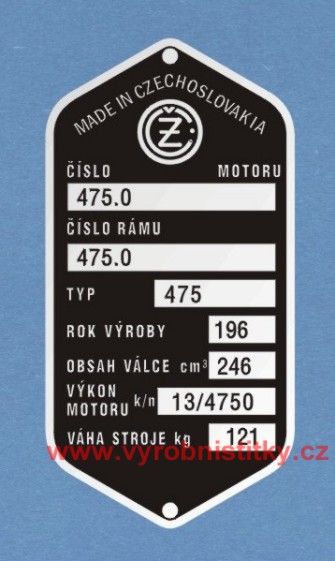 Výrobní štítek ČZ 475 sport, motor 475