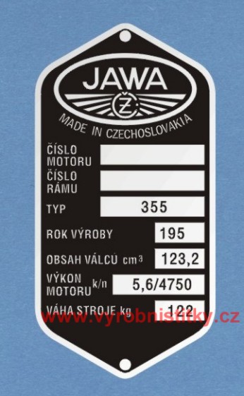 Výrobní štítek JAWA-ČZ typ 355