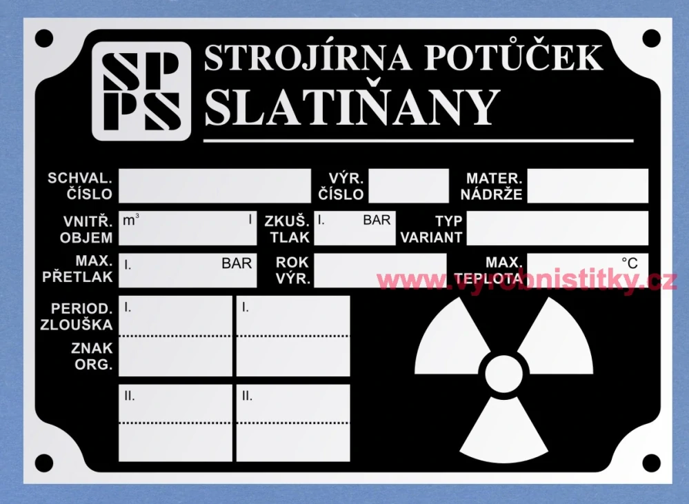 Výrobní štítek STROJÍRNA POTŮČEK - nebezpečí radiace