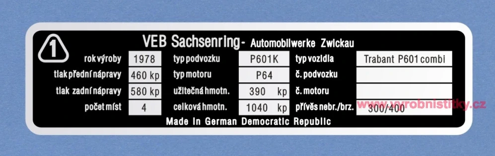 Výrobní štítek Trabant P601K combi rv 1978