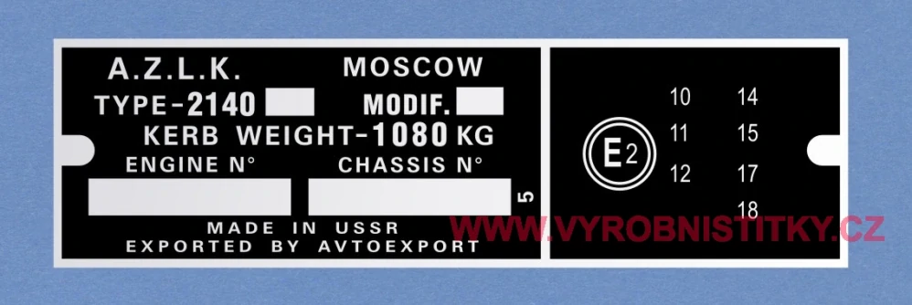 Výrobní štítek Moskvič 2140 - anglický