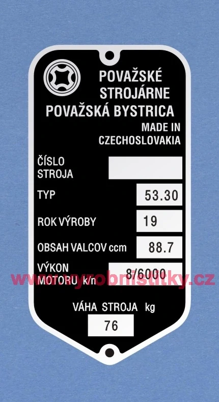 Výrobní štítek JAWA 90_TYP 53.30_váha 76