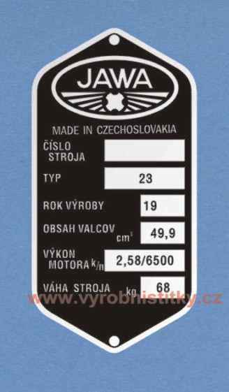 Výrobní štítek JAWA 23 Mustang rv 1980