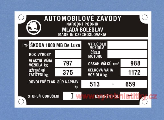 Výrobní štítek Škoda 1000 MB De Luxe váha 797 kg