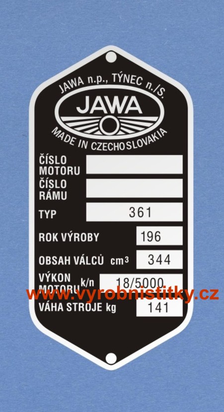 Výrobní štítek JAWA 350 361 rv 196 Týnec váha 141