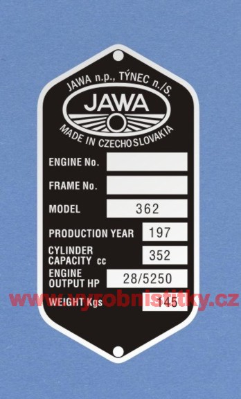 Výrobní štítek JAWA 362 Californian anglie engine 28, cylinder 352