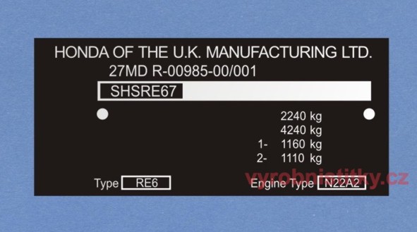 Výrobní štítek HONDA OF THE U.K. MANUFACTURING LTD
