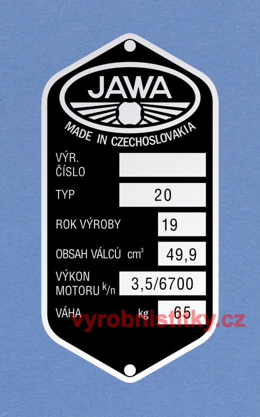 Výrobní štítek JAWA 20 - 6700 ot.