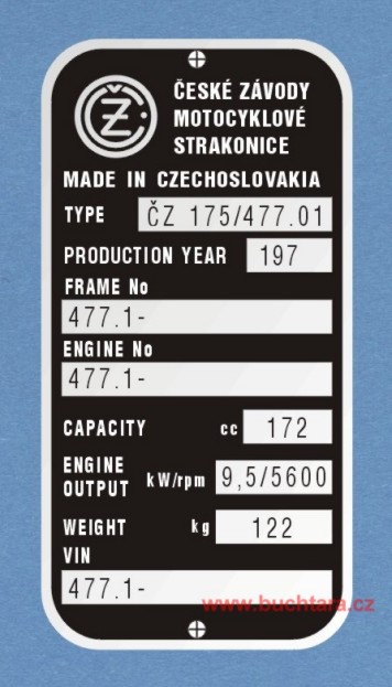 Výrobní štítek ČZ 477 anglický VIN 477.1-