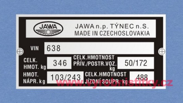 Výrobní štítek JAWA 350 638 hm 346