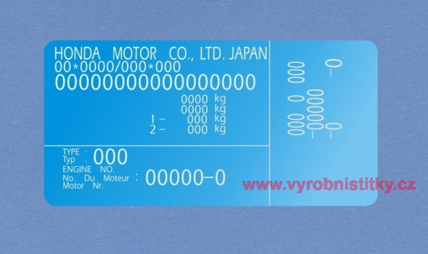 Výrobní štítek HONDA MOTOR - hliníková samolepící folie HONDA MOTOR CO LTD JAPAN