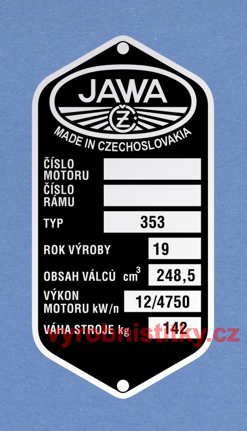 Výrobní štítek JAWA ČZ-250 typ 353 výk 12/4750