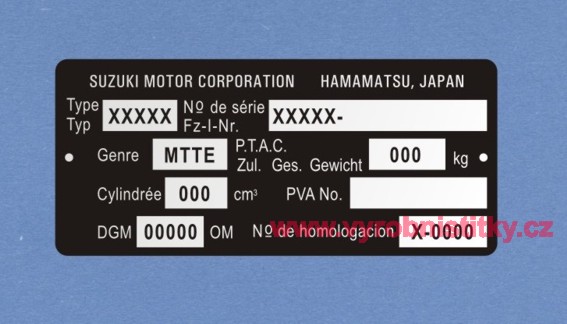 Výrobní štítek SUZUKI HAMAMATSU tištěná čísla + doražení