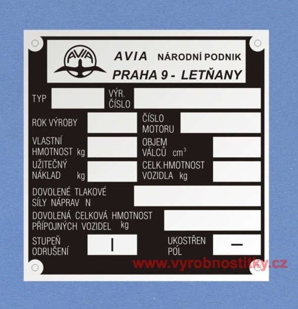 Výrobní štítek AVIA LETŇANY-dlouhé VIN