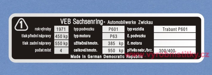 Výrobní štítek Trabant 601, užitečná hmotn. 385 kp
