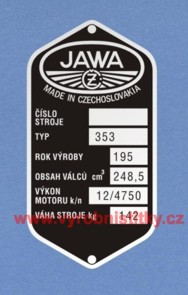 Výrobní štítek JAWA 250 Kývačka váha 142 ČÍSLO STROJE