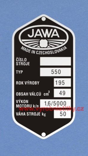 Výrobní štítek JAWA 550 předtištěný český