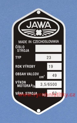 Výrobní štítek JAWA 23 rv 19 obsah 49,9