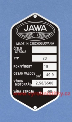 Výrobní štítek JAWA 23 rv 1980, logo v obrysech