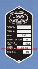 Výrobní štítek JAWA 362 Californian anglie engine 28, obj. 343,5