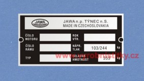 Výrobní štítek JAWA 350 634 hm. 353