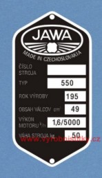 Výrobní štítek Jawa 550 předtištěný slovenský
