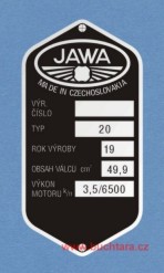 Výrobní štítek Jawa 20, obs. 49,9