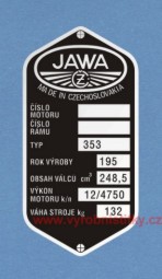 Výrobní štítek Jawa 250  "kývačka"
