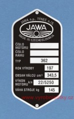 Výrobní štítek Jawa 362 Californian - český