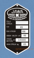 Výrobní štítek JAWA 05, výkon 3 k