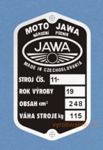 Výrobní štítek JAWA 250 pérák MOTO JAWA
